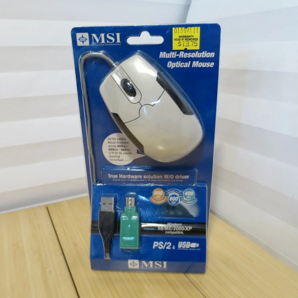 NOS NIB Vintage MSI Multi-Resolution Optical Mouse USB with PS2‎ adapter
